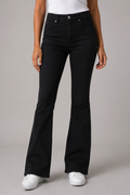 Model front view — Embroidered Bootcut Jeans in Black (Style QY88237-2)