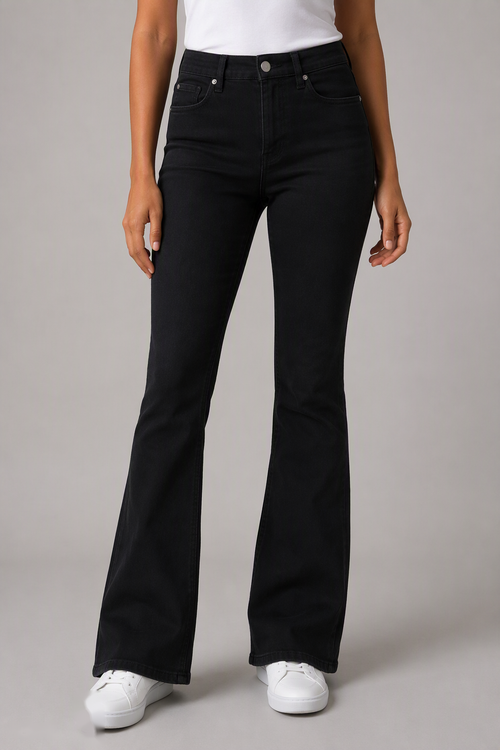 Model front view — Embroidered Bootcut Jeans in Black (Style QY88237-2)
