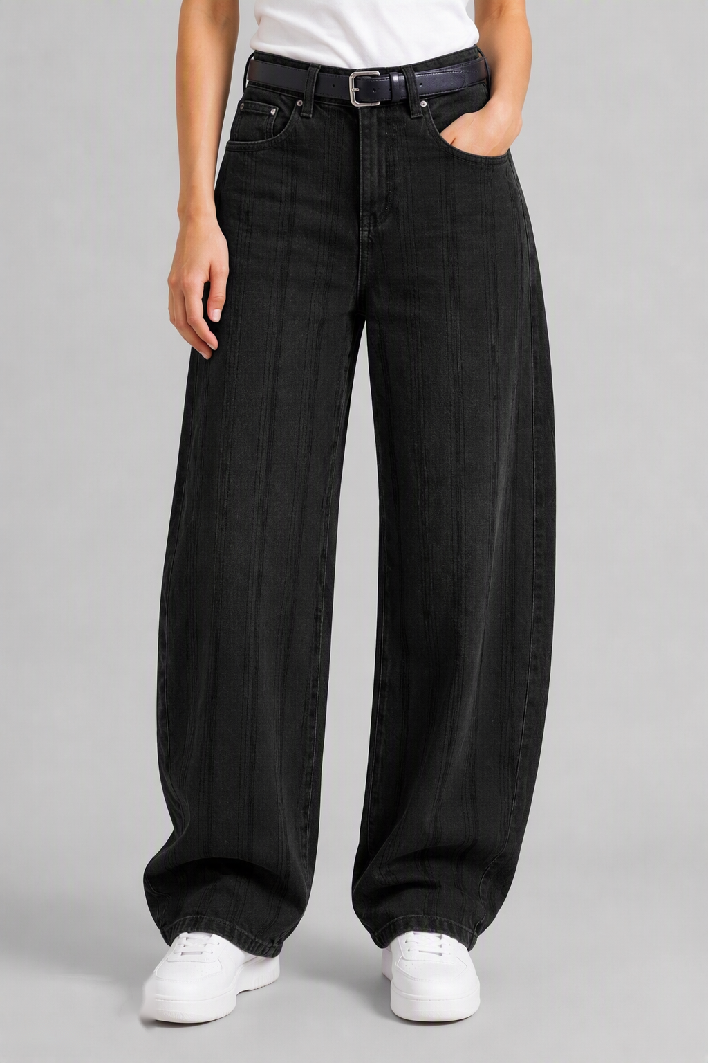 Model front view — Plaid Curved Jeans in Dark Green (Style QY88333)