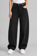 Model front view — Plaid Curved Jeans in Dark Green (Style QY88333)