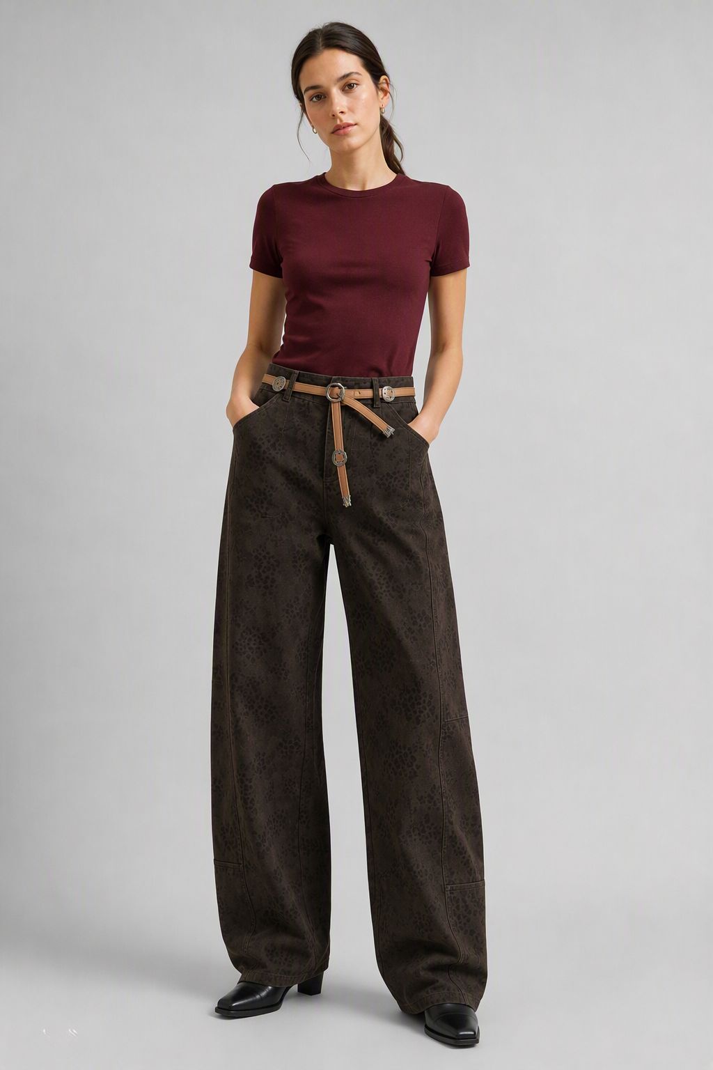 Full-body look: QAYQEY dark-brown leopard curved-leg jeans styled with cream knit top