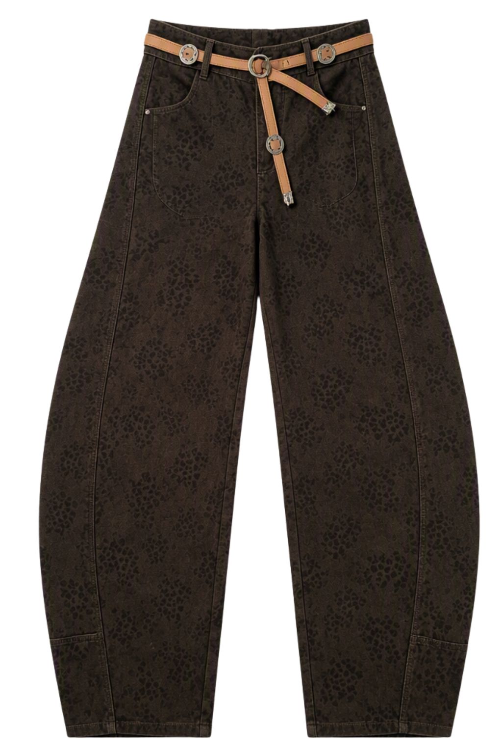 Flat lay of QAYQEY dark-brown leopard-jacquard curved-leg jeans with tan rope belt and medallion hardware