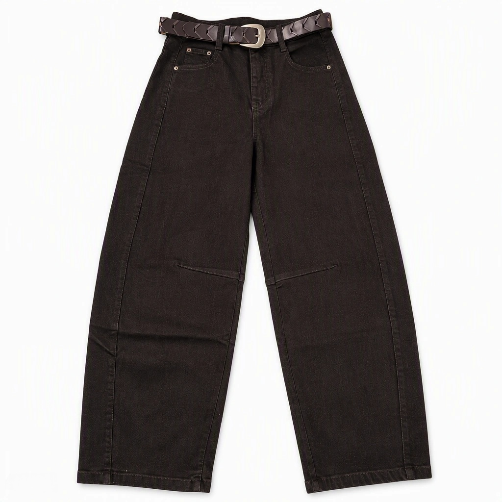 Flat-lay product photo of QAYQEY dark-brown curved-leg jeans on a white background