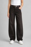 Front view of QAYQEY dark-brown curved-leg jeans, waist-down crop on model