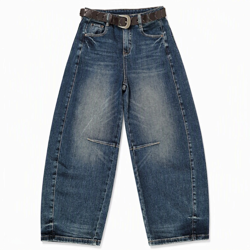 Flat-lay product photo of QAYQEY deep-blue knee-dart curved-leg jeans on a white background