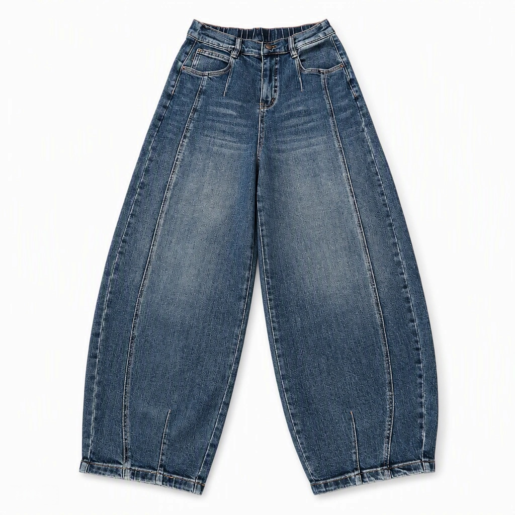 Flat-lay product photo of QAYQEY vintage-blue curved-leg jeans on a white background