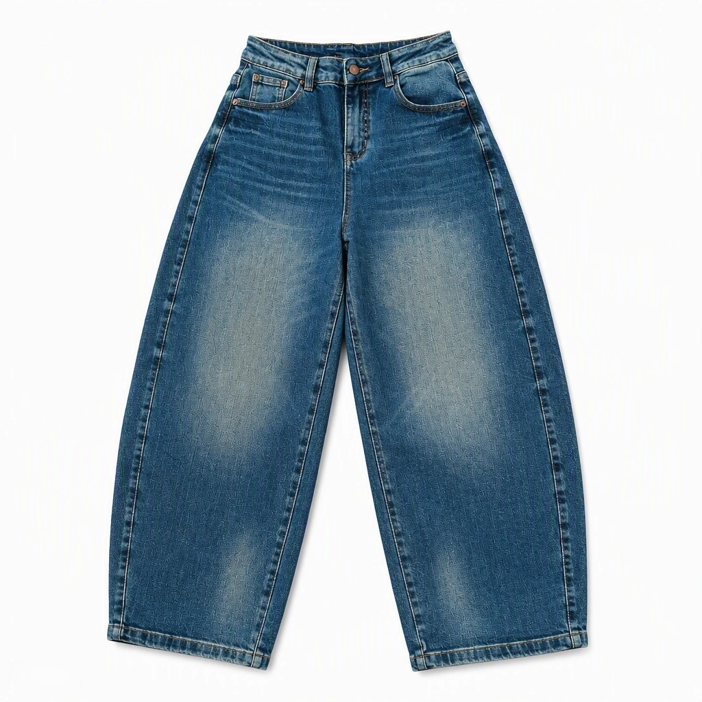 Flat-lay product photo of QAYQEY mid-blue flap-pocket curved-leg jeans on a white background