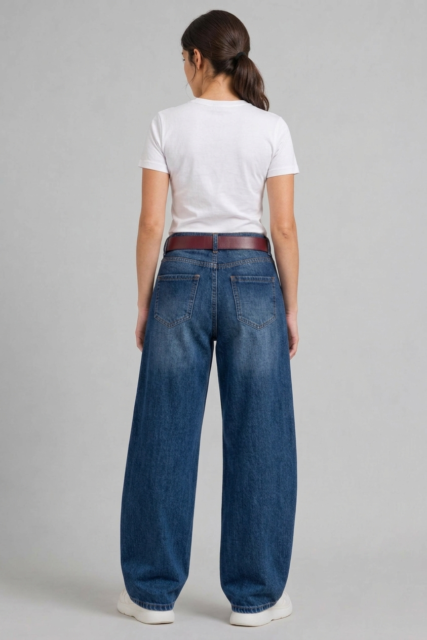 Back view of QAYQEY light-blue faded curved-leg jeans, waist-down crop on model