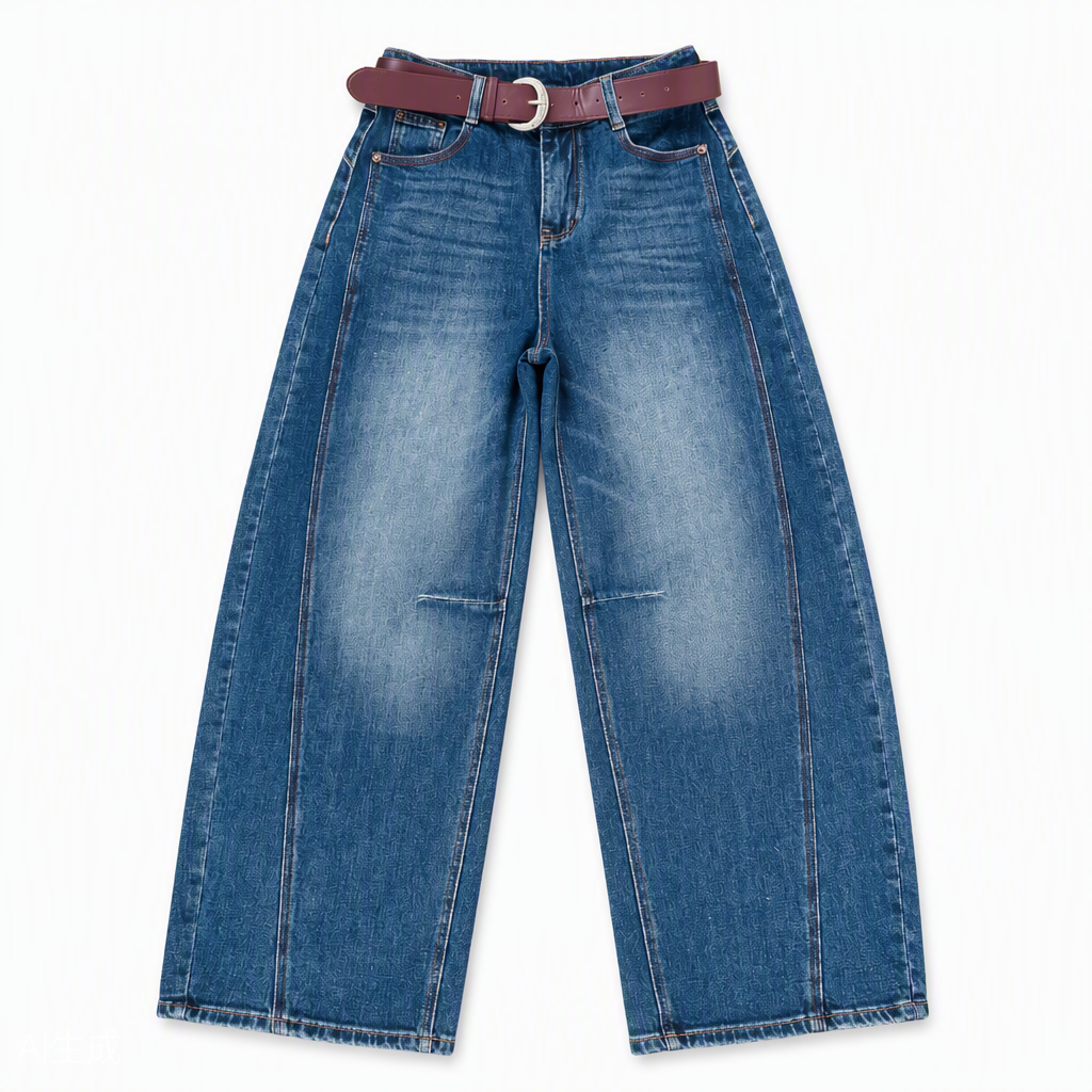 Flat-lay product photo of QAYQEY light-blue faded curved-leg jeans on a white background