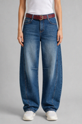 Front view of QAYQEY light-blue faded curved-leg jeans, waist-down crop on model