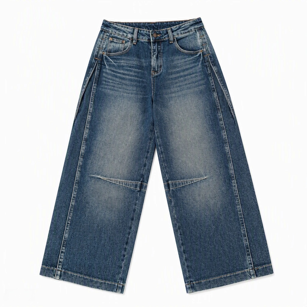 Flat-lay product photo of QAYQEY dark-blue knee-seam curved-leg jeans on a white background