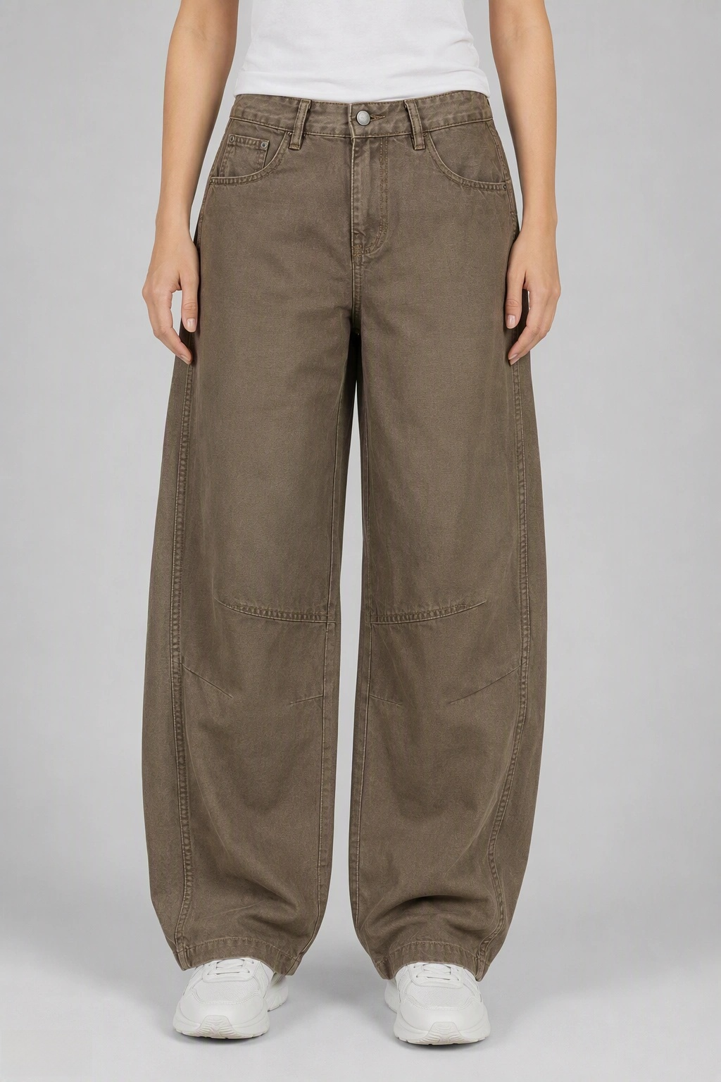 Front view of QAYQEY olive-green curved-leg jeans, waist-down crop on model
