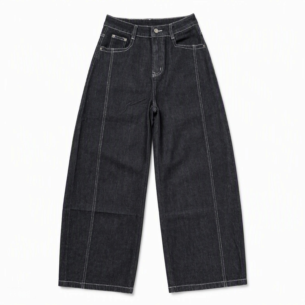 Flat-lay product photo of QAYQEY black-gray curved-leg jeans with contrast stitching on a white background