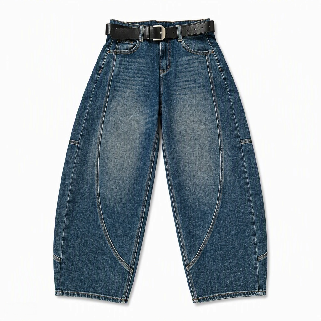 Flat-lay product photo of QAYQEY mid-blue washed curved-leg jeans on a white background