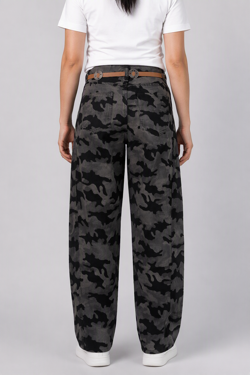 Back view of QAYQEY gray-black camouflage curved-leg jeans, waist-down crop on model