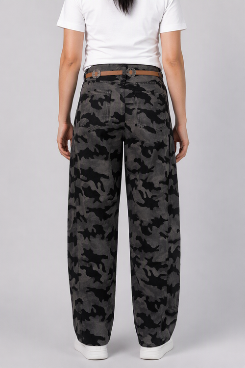 Back view of QAYQEY gray-black camouflage curved-leg jeans, waist-down crop on model