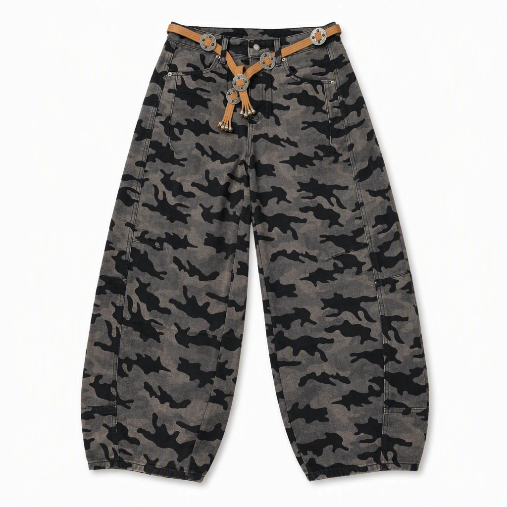 Flat-lay product photo of QAYQEY gray-black camouflage curved-leg jeans on a white background