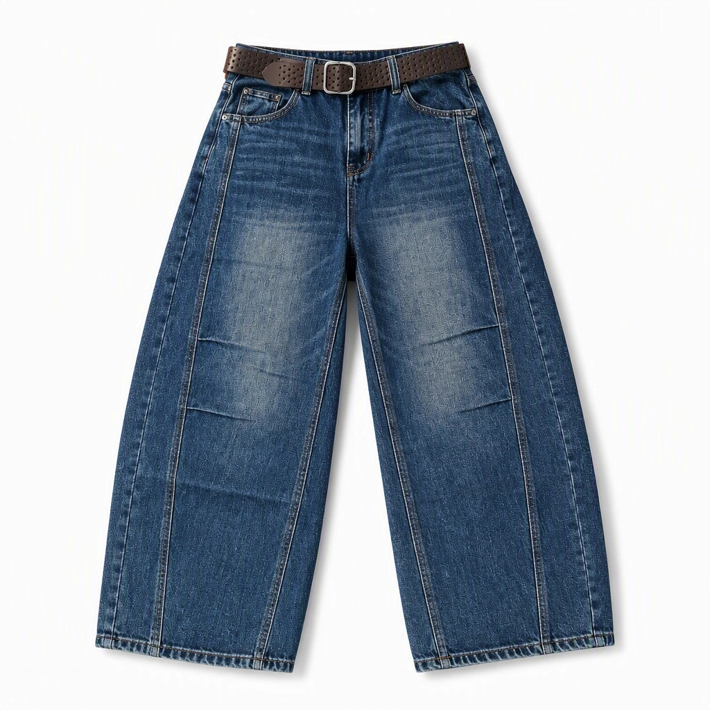 Flat-lay product photo of QAYQEY sun-faded mid-blue curved-leg jeans on a white background