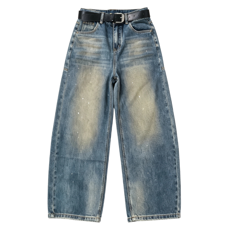 Flat-lay product photo of QAYQEY blue vintage-wash studded curved-leg jeans on a white background