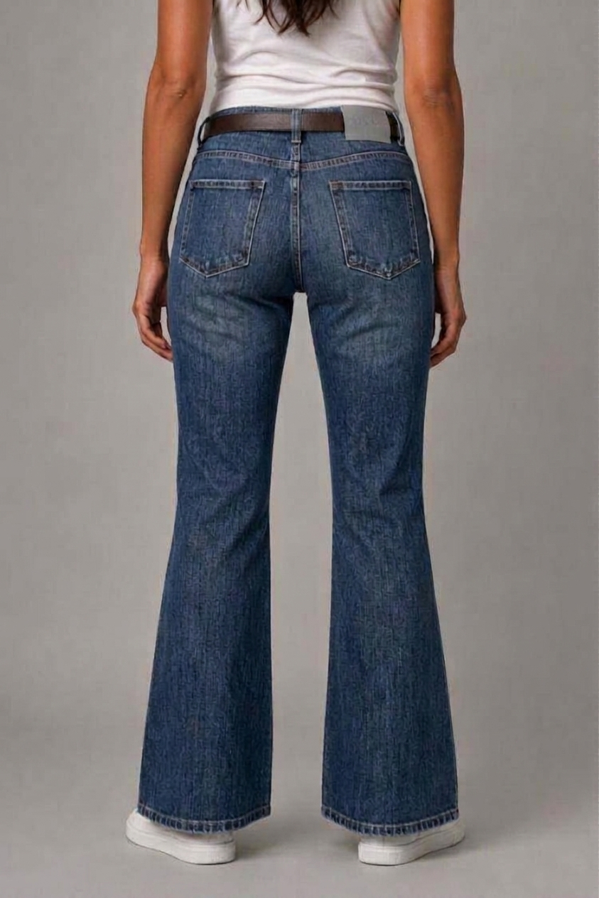 Model back view — Heavy-Wash Bootcut Jeans in Vintage Blue (Style QY88252)
