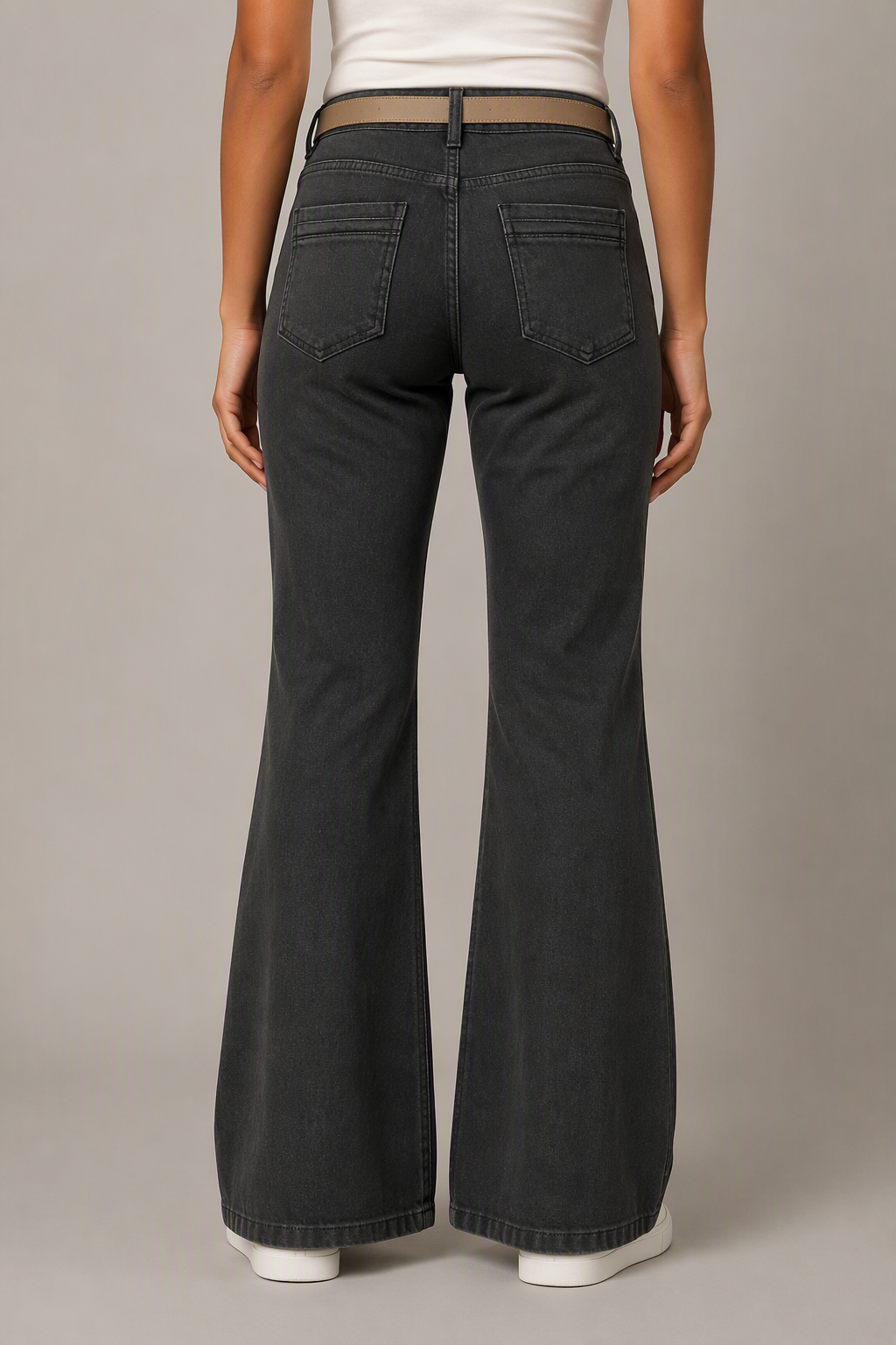 Model back view — Classic Bootcut Jeans in Dark Green (Style QY88297-1)