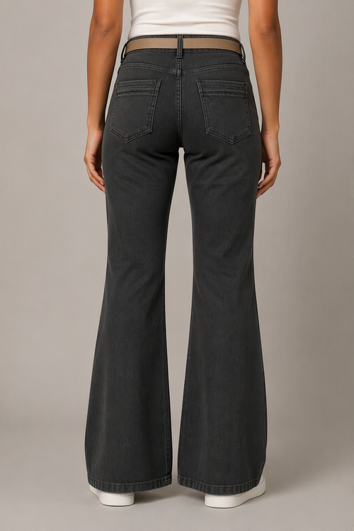 Model back view — Classic Bootcut Jeans in Dark Green (Style QY88297-1)