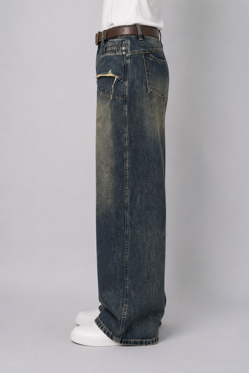 Model side view — Distressed Straight-Leg Jeans in Vintage Blue (Style QY88329)