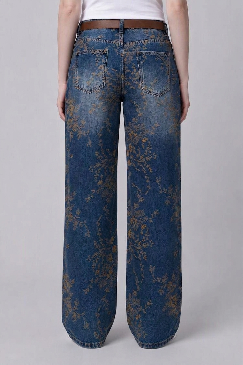 Model back view — Floral-Jacquard Straight-Leg Jeans in Indigo Blue (Style QY88289)