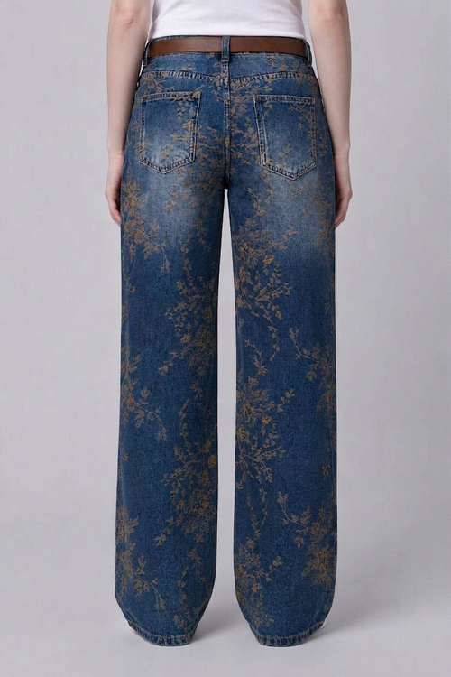 Model back view — Floral-Jacquard Straight-Leg Jeans in Indigo Blue (Style QY88289)