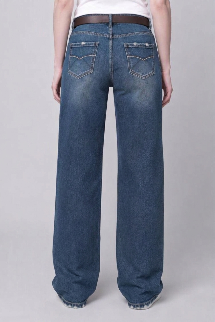 Model back view — Frayed-Edge Straight-Leg Jeans in Mid Blue (Style QY88267)