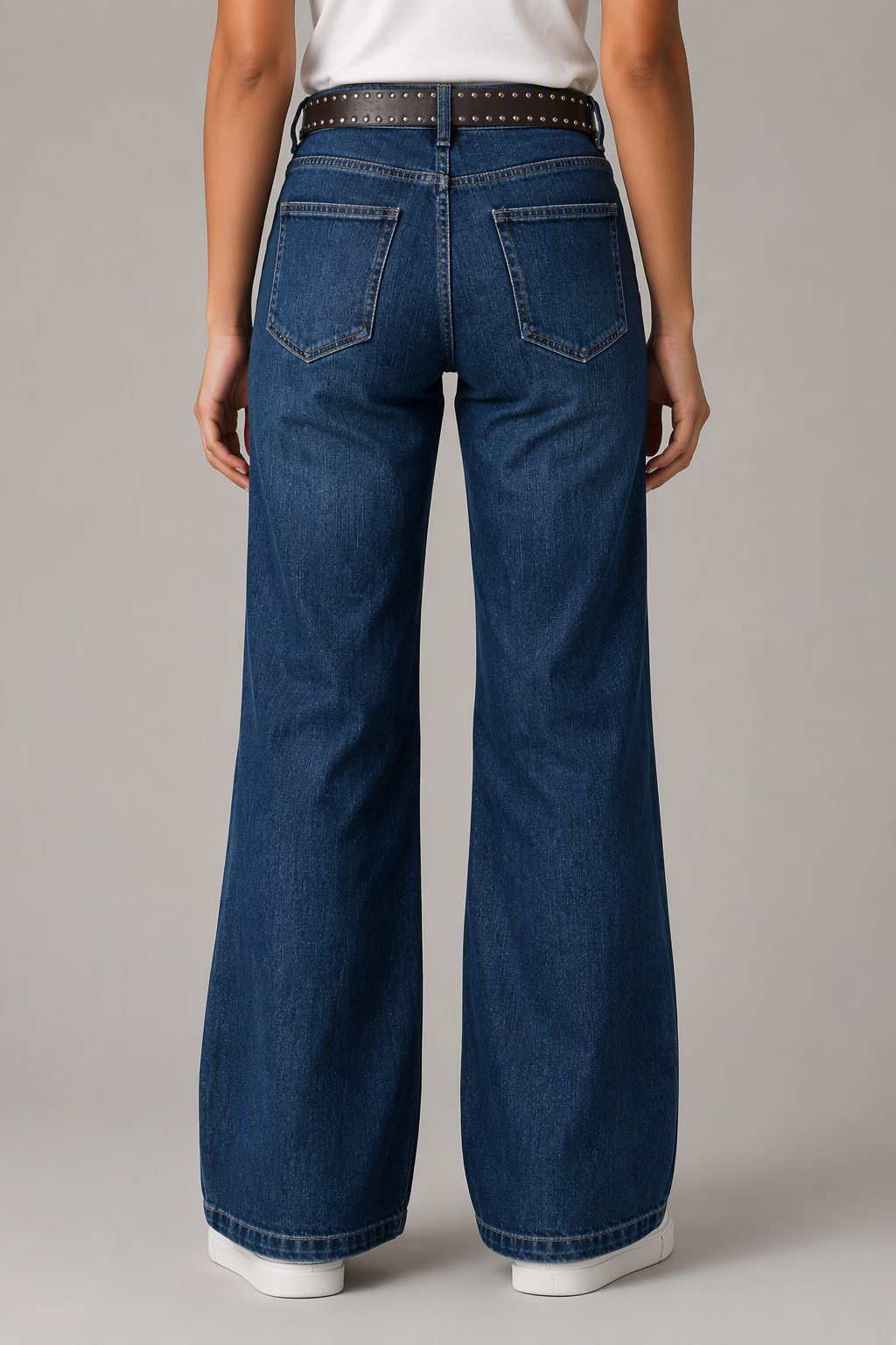 Model back view — Classic Bootcut Jeans in Mid Blue (Style QY88309)
