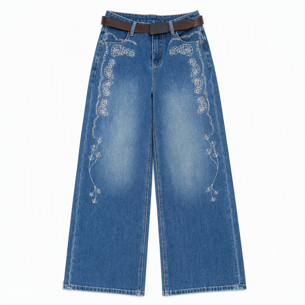 Flat-lay product photo — Floral-Embroidered Straight-Leg Jeans in Blue (Style QY88305)