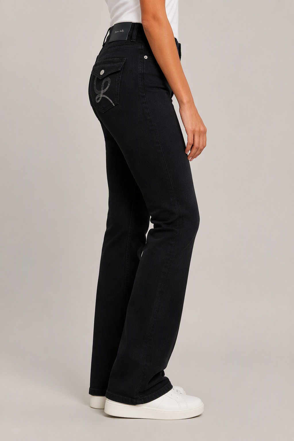 Model side view — Embroidered Bootcut Jeans in Black (Style QY88237-2)
