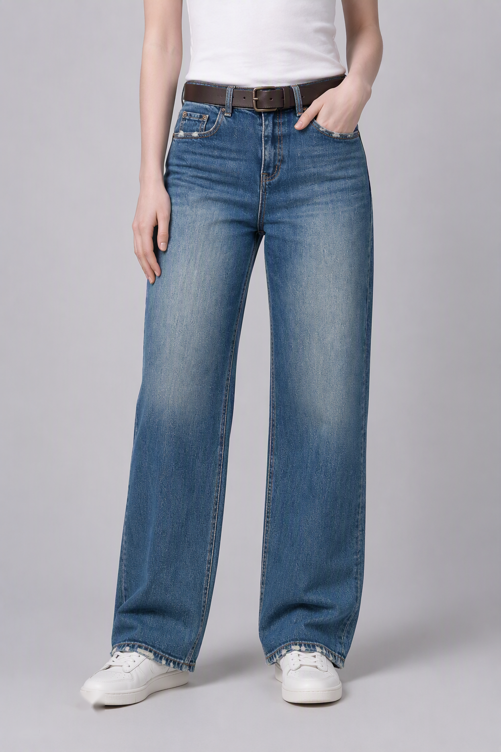 Model front view — Frayed-Edge Straight-Leg Jeans in Mid Blue (Style QY88267)