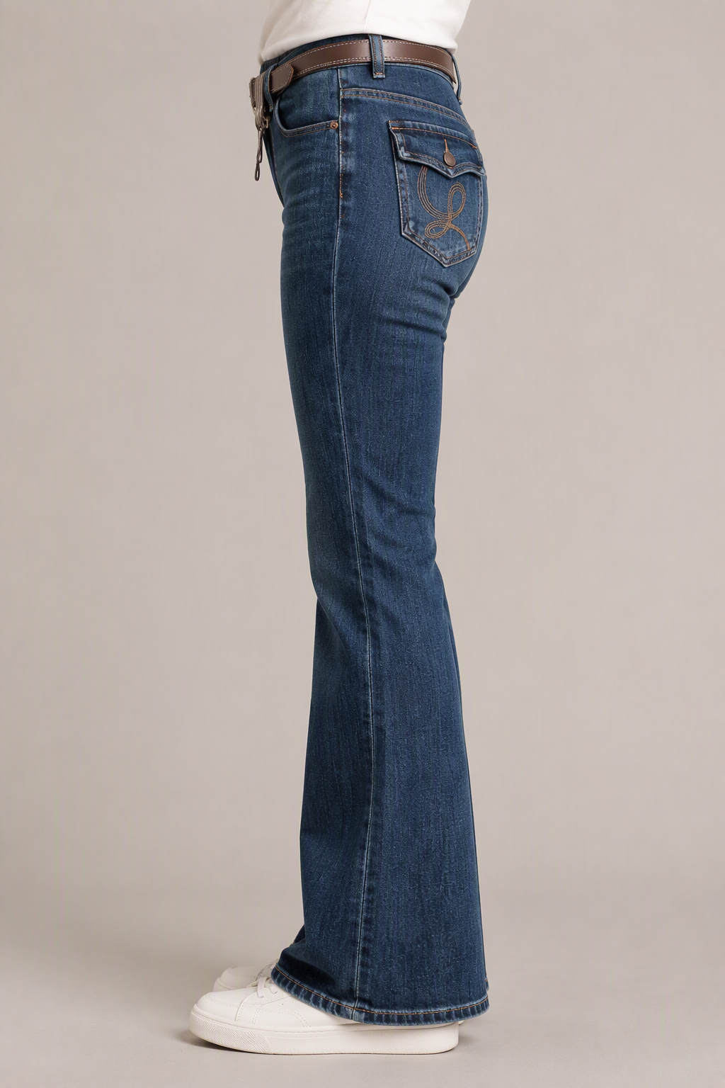 Model side view — Embroidered Bootcut Jeans in Mid Blue (Style QY88237)