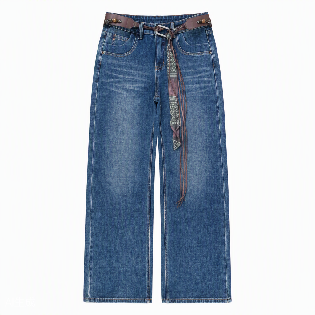 Flat-lay product photo — Whiskered Bootcut Jeans in Mid Blue (Style QY88288)