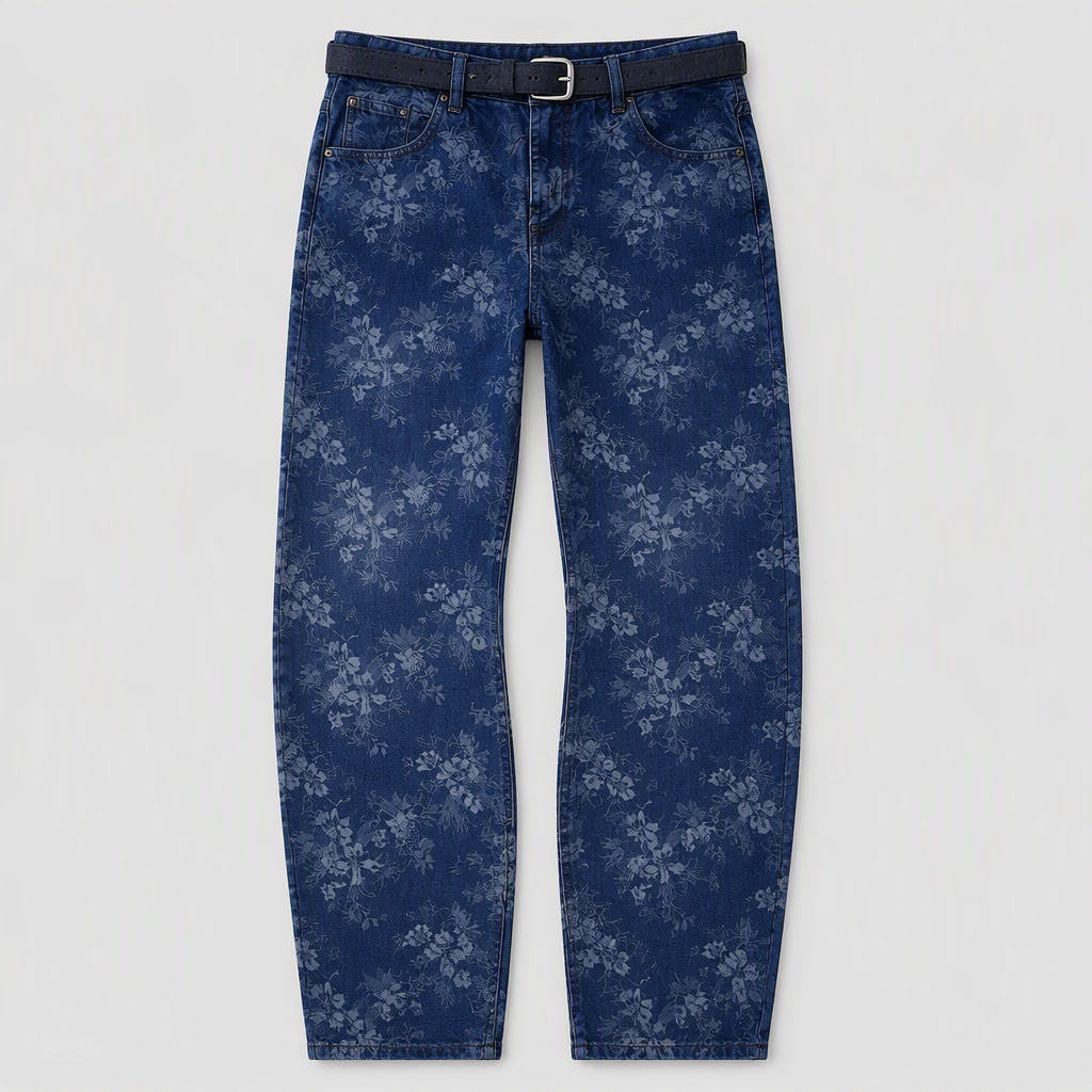 Flat-lay product view — Floral Jacquard Curved Jeans in Blue White (Style QYV665)
