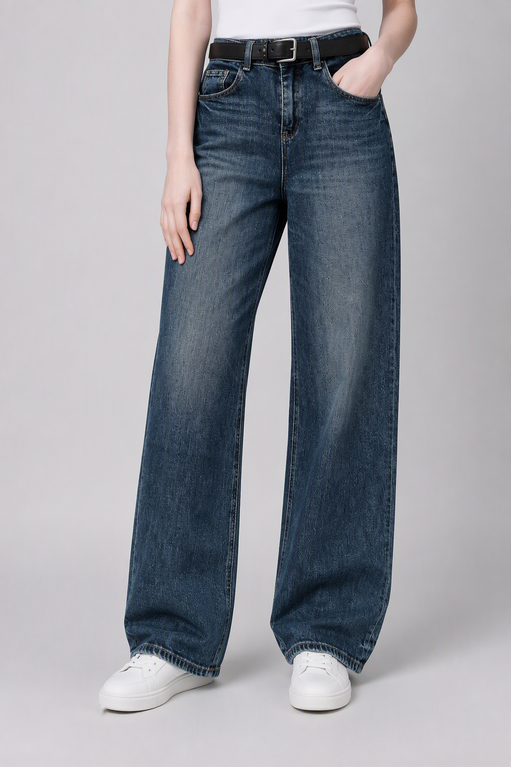 Model front view — Flap-Pocket Straight-Leg Jeans in Deep Blue (Style QY99235)