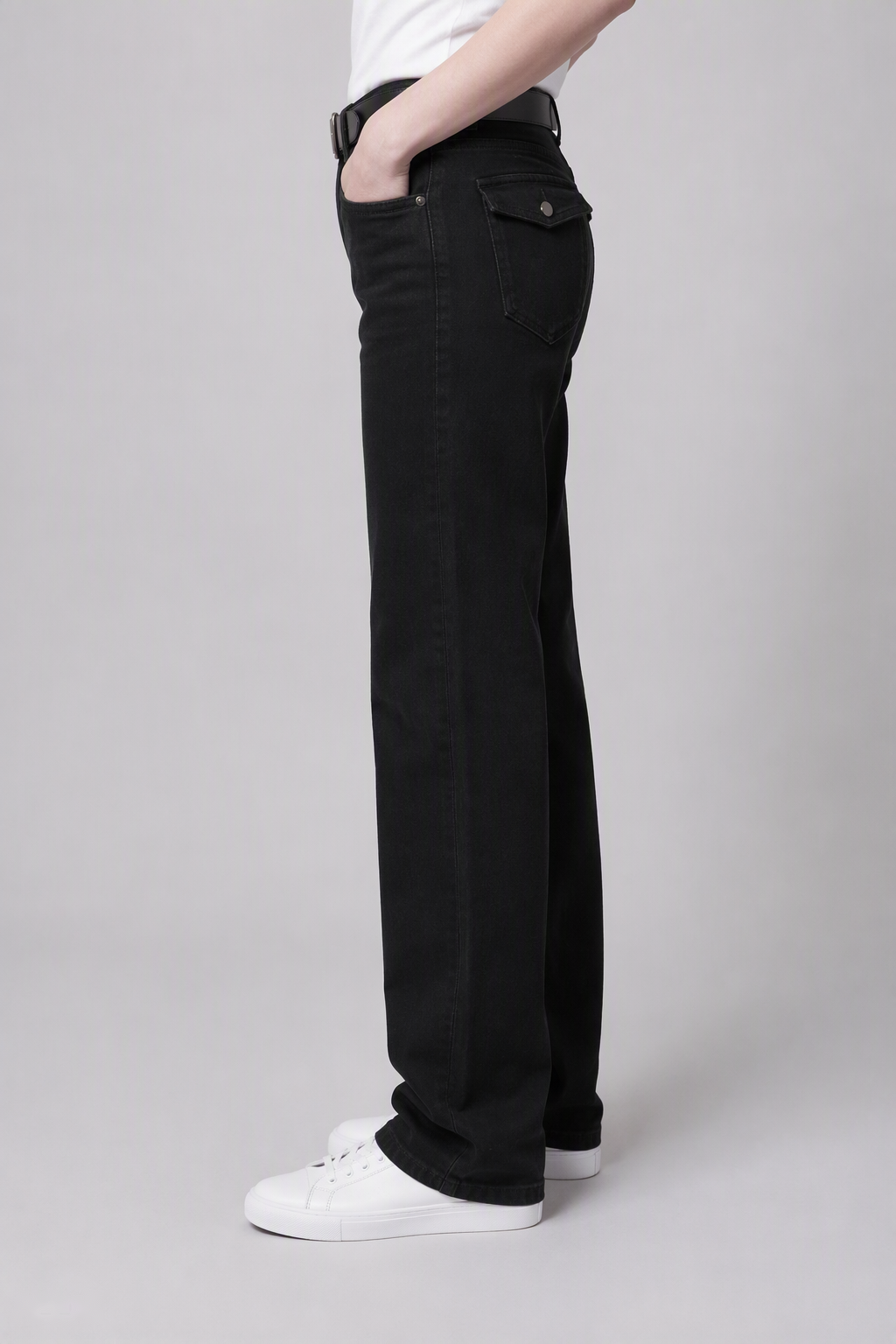 Model side view — Flap-Pocket Straight-Leg Jeans in Black Gray (Style QY88235-2)