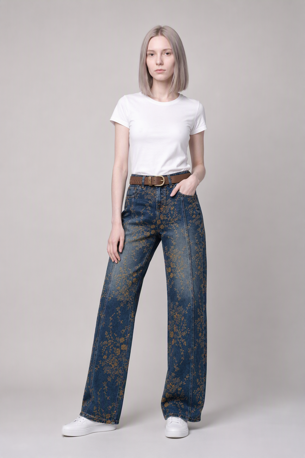 Model full-body view — Floral-Jacquard Straight-Leg Jeans in Indigo Blue (Style QY88289)
