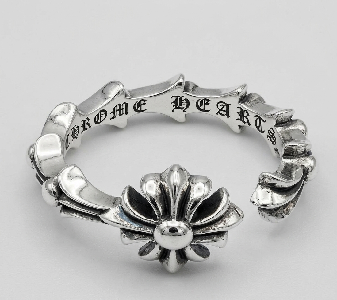 SSE1134 925 Sterling Silver Floral Open Ring with Textured Band