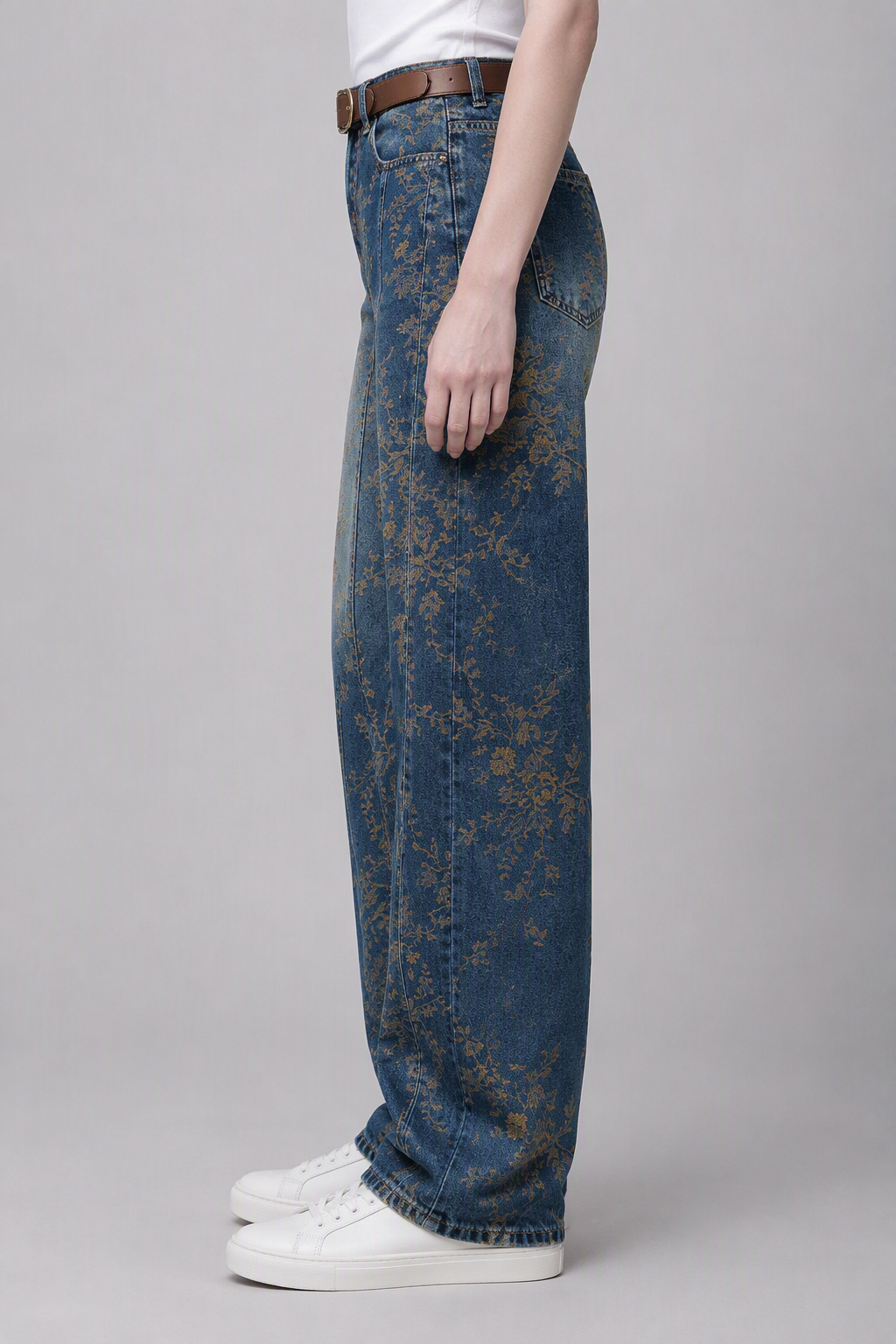 Model side view — Floral-Jacquard Straight-Leg Jeans in Indigo Blue (Style QY88289)