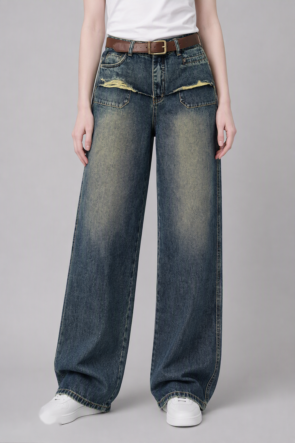Model front view — Distressed Straight-Leg Jeans in Vintage Blue (Style QY88329)