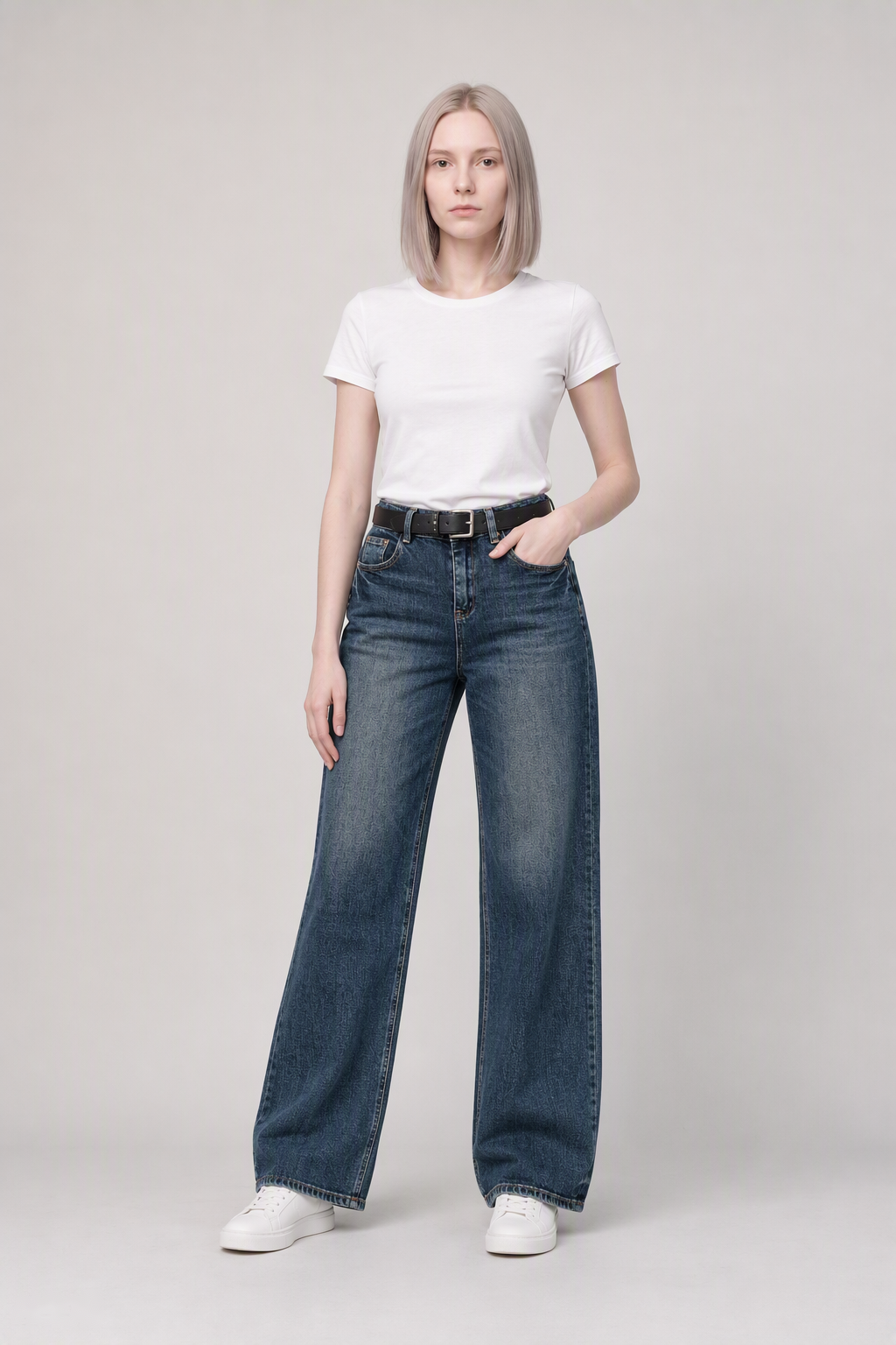 Model full-body view — Flap-Pocket Straight-Leg Jeans in Deep Blue (Style QY99235)