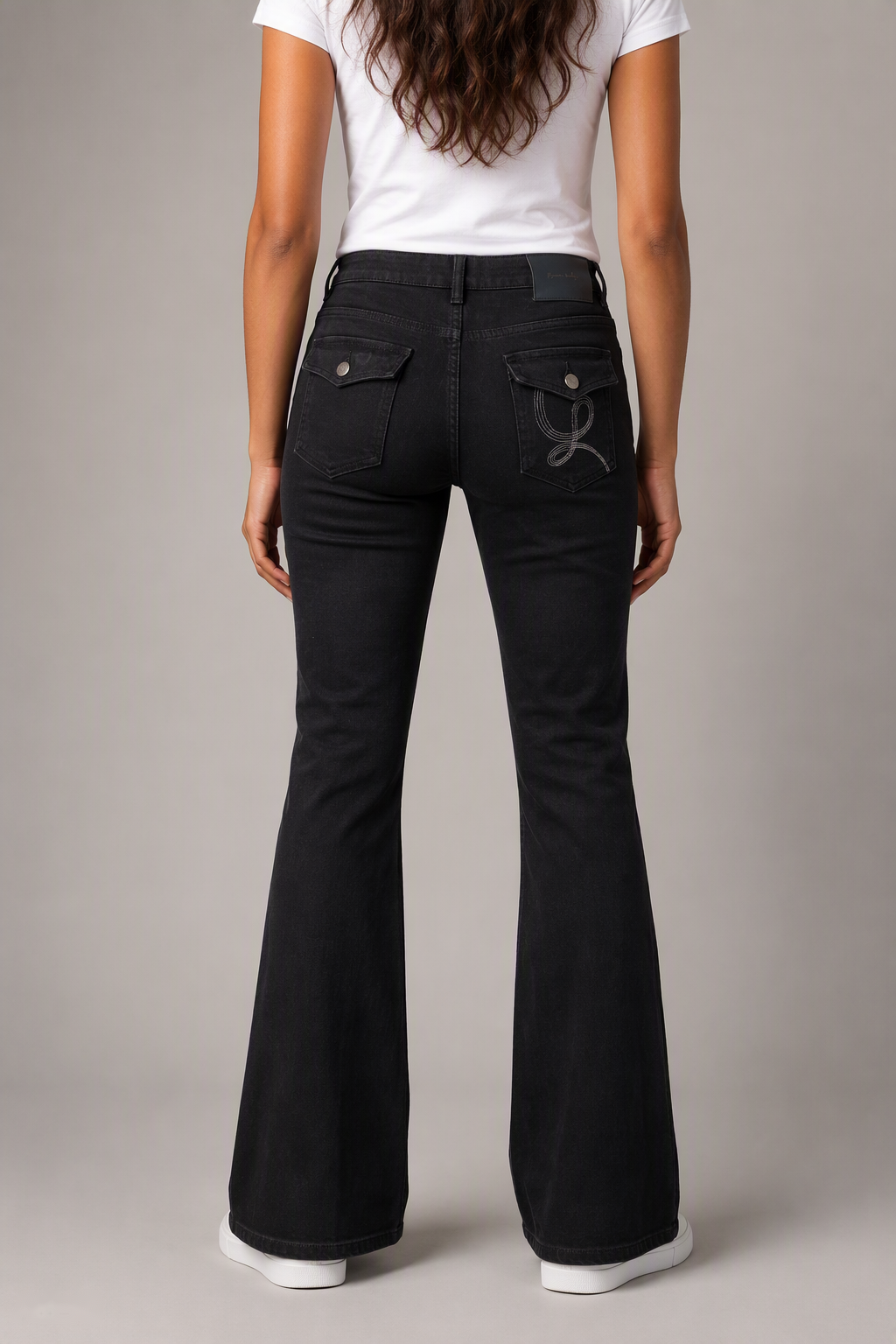Model back view — Embroidered Bootcut Jeans in Black (Style QY88237-2)