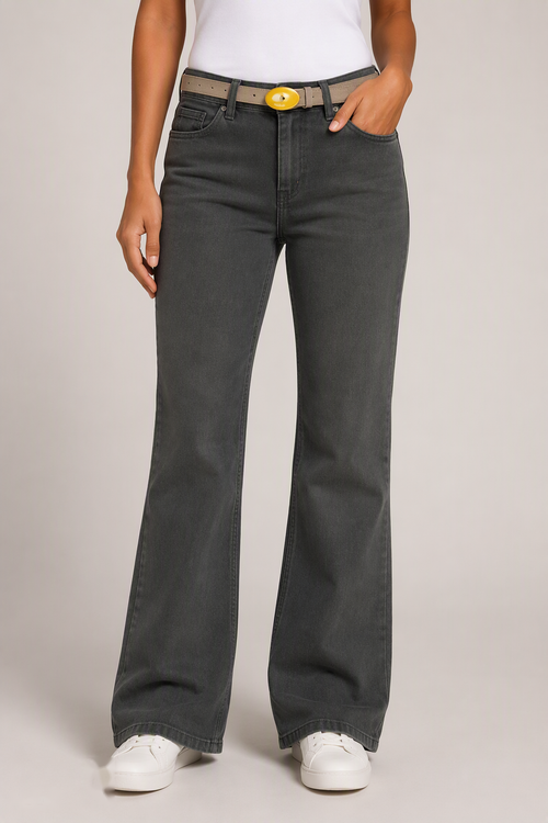 Model front view — Classic Bootcut Jeans in Dark Green (Style QY88297-1)