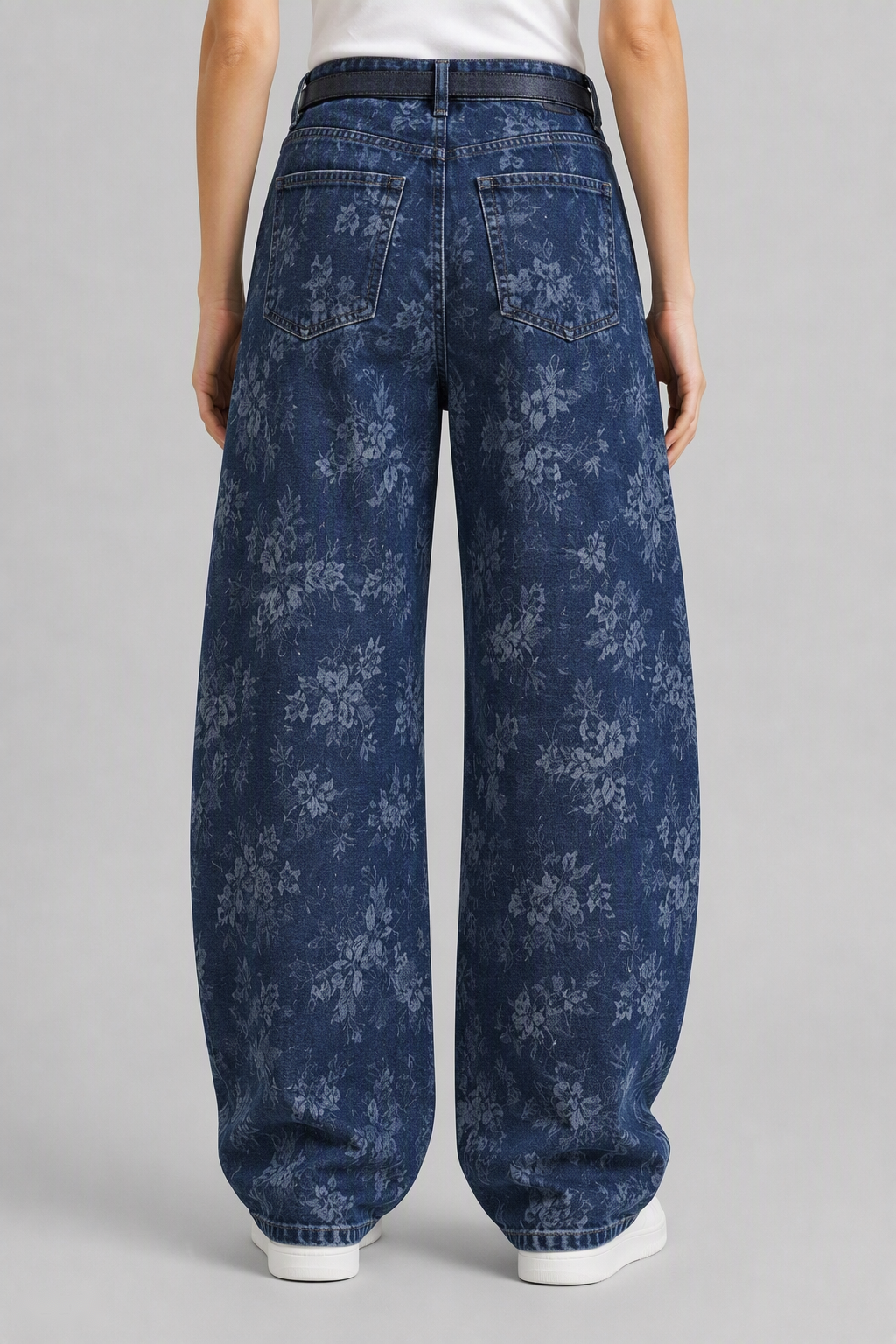 Model back view — Floral Jacquard Curved Jeans in Blue White (Style QYV665)