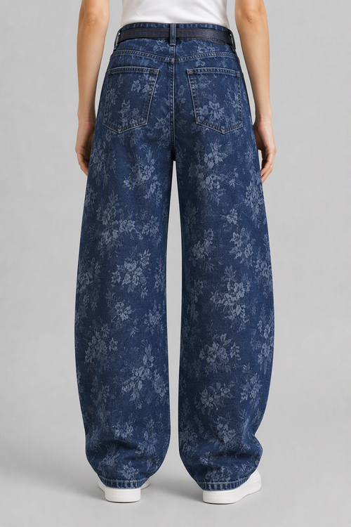 Model back view — Floral Jacquard Curved Jeans in Blue White (Style QYV665)