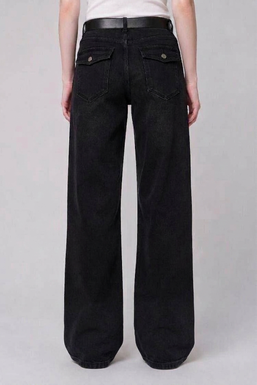 Model back view — Flap-Pocket Straight-Leg Jeans in Black Gray (Style QY88235-2)