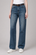 Model front view — Whiskered Straight-Leg Jeans in Mid Blue (Style QY88276)
